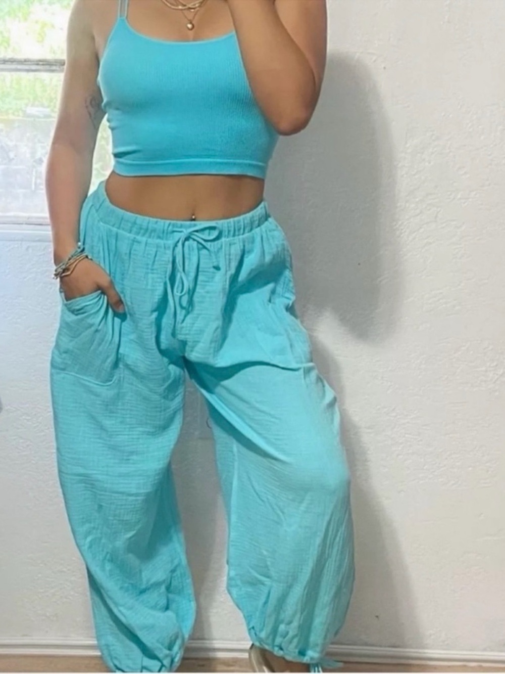 Colsie Size 2x Two Piece Set Turquoise Wide-Leg Drawstring Pants & cropped tank